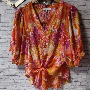Rose & Olive Pink Orange Yellow Floral Tie-Front Blouse